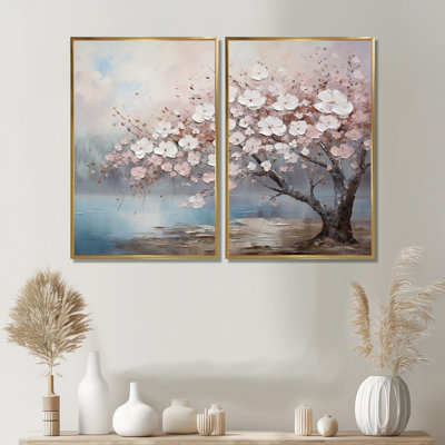 Fleur de cerisier rose et gris I - art mural traditionnel