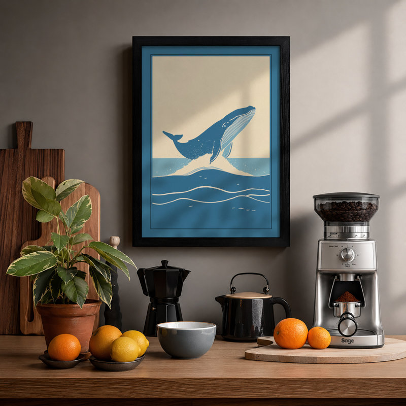 Breaching Whale Coastal - Framed Print, A4 - 29.7 x 21.0 cm, Black
