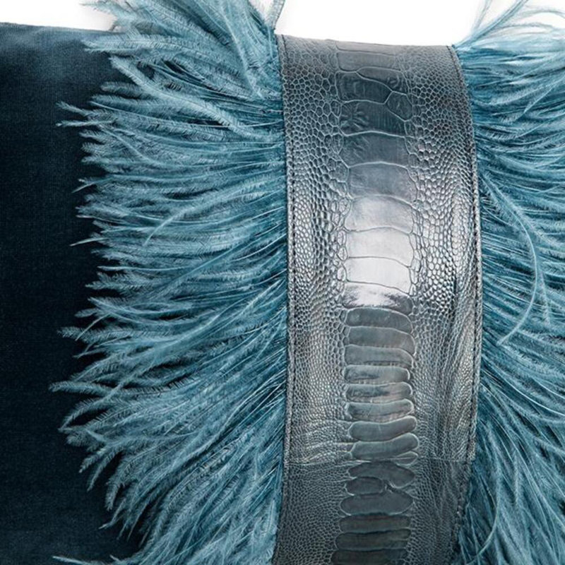 Velvet Lumbar Pillow w/ Feather Trim, Teal