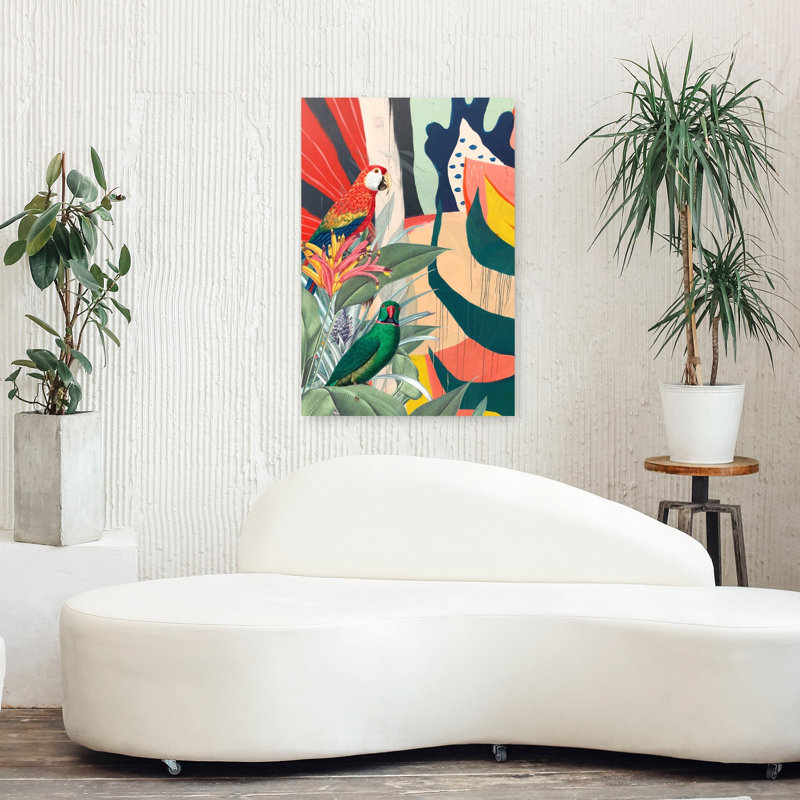 Vibrant, perroquets tropicaux abstraits, coloré, oiseau moderne, nature, impression murale, 36" H x 24" W