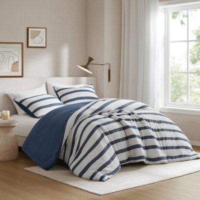 3 -Dyed Striped Comforter For Queen Size, Modern Minimalist Style, All Warmth, Smooth Microfiber Reverse, , Blue Bedding With Stripes, Contemporary Design, Comfort, Back, Standard 100, Machine