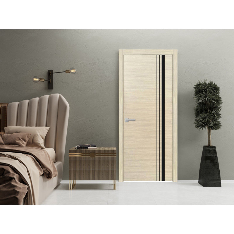 Porte intérieure moderne en bois pré-montée avec quincaillerie Planum 0011, placage naturel, panneau unique, cadre et moulures, portes robustes pour salle de bain et chambre à coucher - 42 po x 84 po