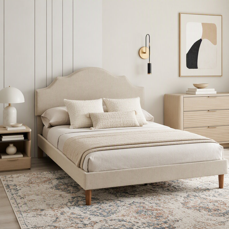 Upholstered Platform Bed with Adjustable Headboard,Linen Fabric Padded, Queen, Beige