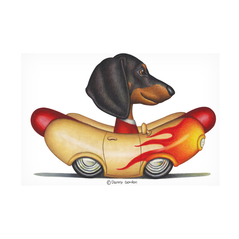 «Black Dachshund Flamboyant Hotdog Car» par Danny Gordon, impression sur toile tendue, H 16 po x l 24 po x P 2 po