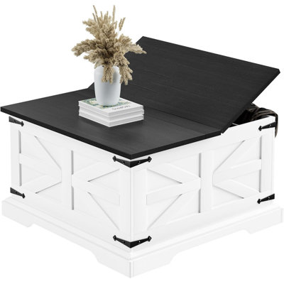 Farmhouse Coffee Table, Square Wood Center Table with Storage and Lift Top, Metal Corners for Living Room,