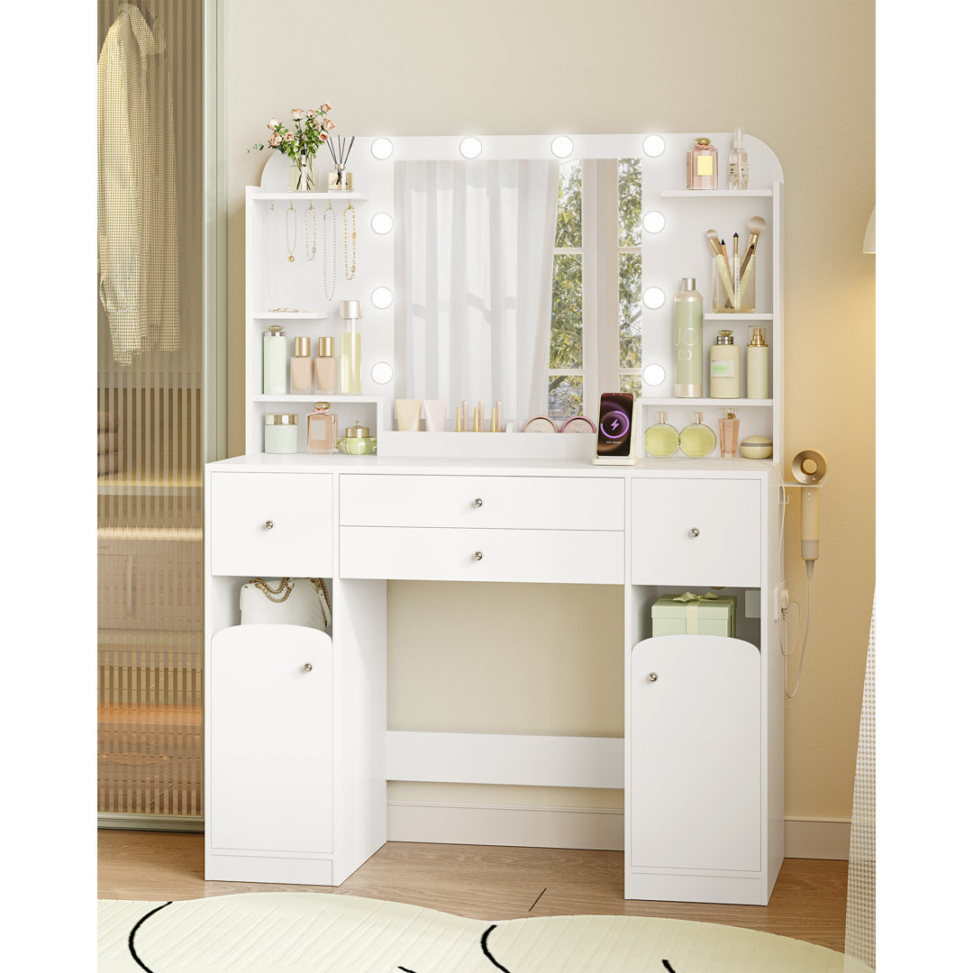 Dressing Table with Mirror, Vanity Table with Adjustable Brightness, Power Strip, 4 Drawers and 2 Open Cabinets, 5 Jewelry Hooks, Open Compartments