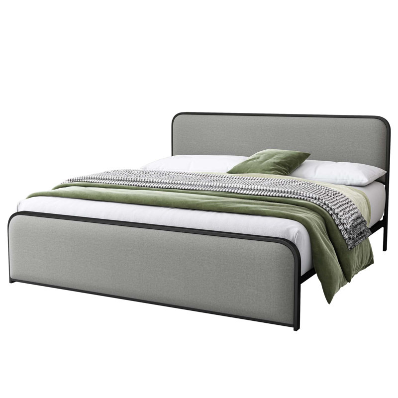 Modern Metal Bed Frame With Curved Upholstered Headboard And Footboard Bed With Under Bed Storage, Heavy Duty Metal Slats