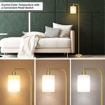 Lampadaires pour le salon, lampe de lecture à DEL moderne pour la chambre à coucher avec abat-jour en verre, grande lampe de poteau à intensité variable 3 couleurs avec contrôle au pied pour le bureau à domicile (noir)