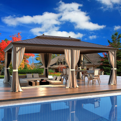 20 Ft. W x 14 Ft. D Hardtop Gazebo, PRO Premium Aluminum Frame Gazebos With Galvanized Steel Double Roof, Permanent Outdoor Metal Pavilion With Curtain And Netting For Patio, Lawn, Deck
