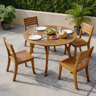 Table de salle à manger ronde 47 po en bois d'acacia, plateau à lattes résistant aux intempéries pour l'intérieur et l'extérieur