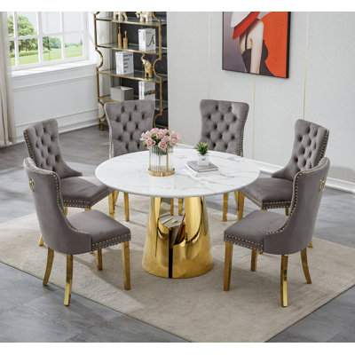 Dining Table Set, 45" Round Marble Dining Table with Velvet Dining Chairs, Circle Kitchen Table Set with Base, Dining Room Table and Chairs Set