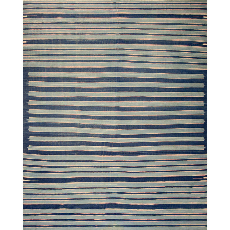 Antique Blue and White Color Stripe Pattern Room Size Cotton Dhurrie Flat Weave Rug