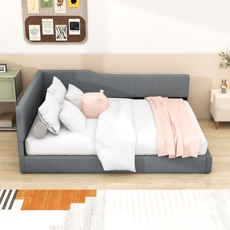 L-Shaped Corduroy Daybed with Spacious and Sturdy Design, Gray, Full/Double