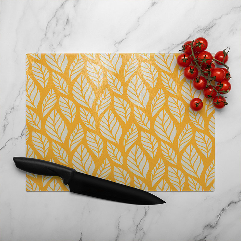 White Leaf Pattern On Glass Chopping Board, 28cm L x 20cm W