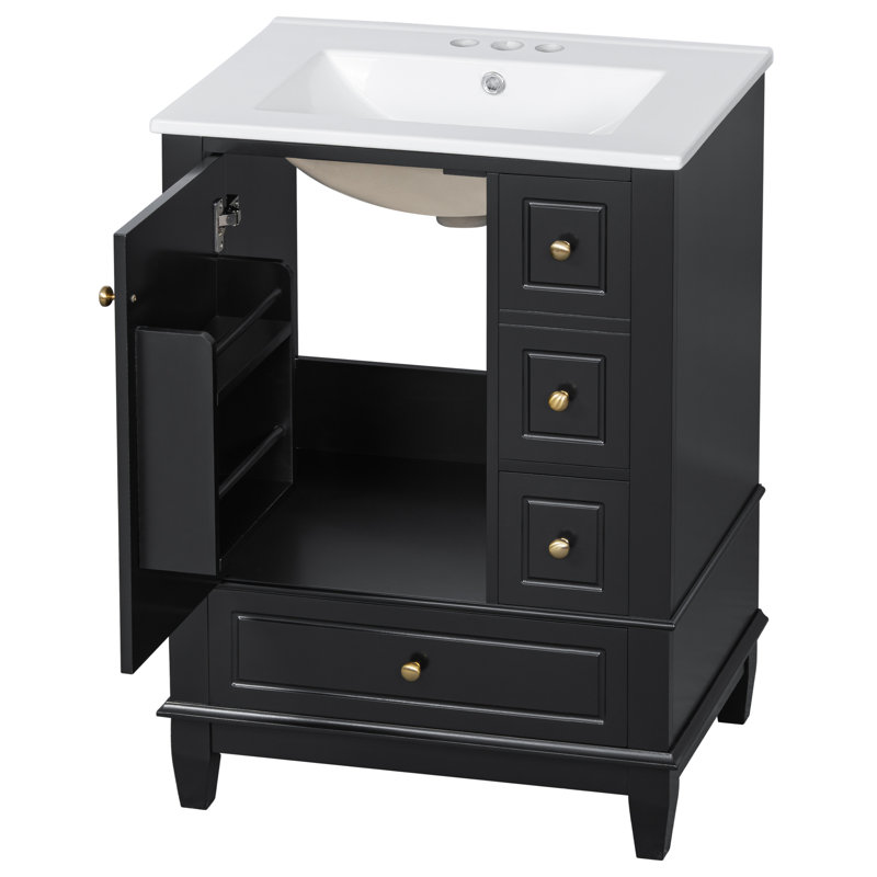 Meuble-lavabo de salle de bain avec comptoir en céramique, armoire encastrée et tiroirs, Noir, 24"