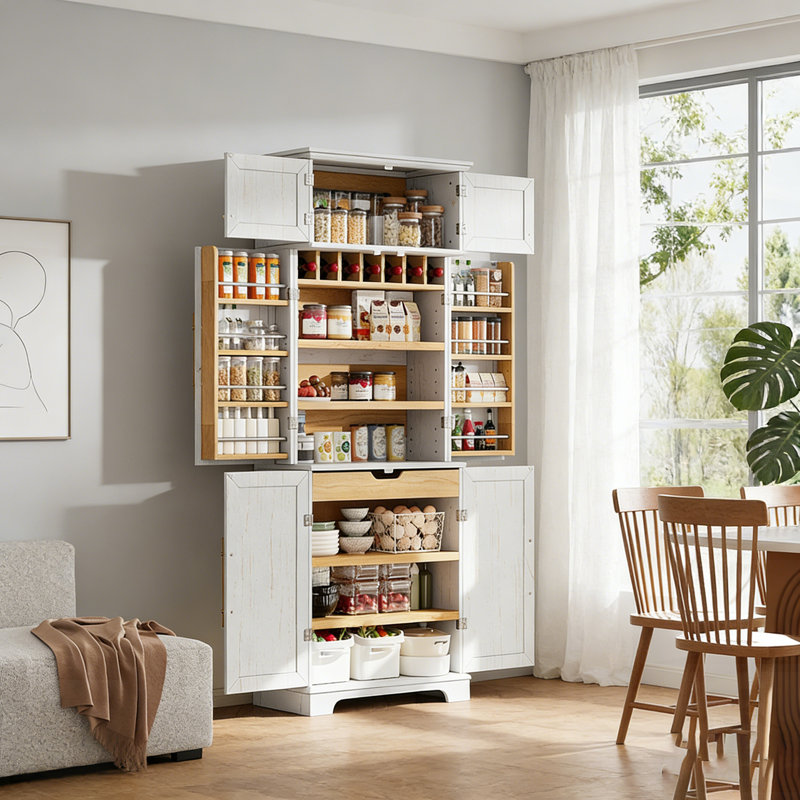 Grand garde-manger de style campagnard avec 8 tablettes de porte, rangement réglable, tiroir caché, support à vin, armoire polyvalente pour espaces modernes et traditionnels