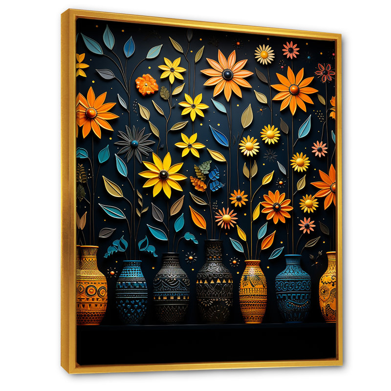 Impressions florales orange et bleues - art mural Boho, H 40 po x l 30 po x P 1,5 po, Cadre flottant doré