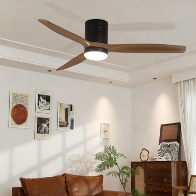 Ryme 52 In. Black Light Oak Flush Mount Standard Ceiling Fan With LED With Remote Included DC Motor Reversible