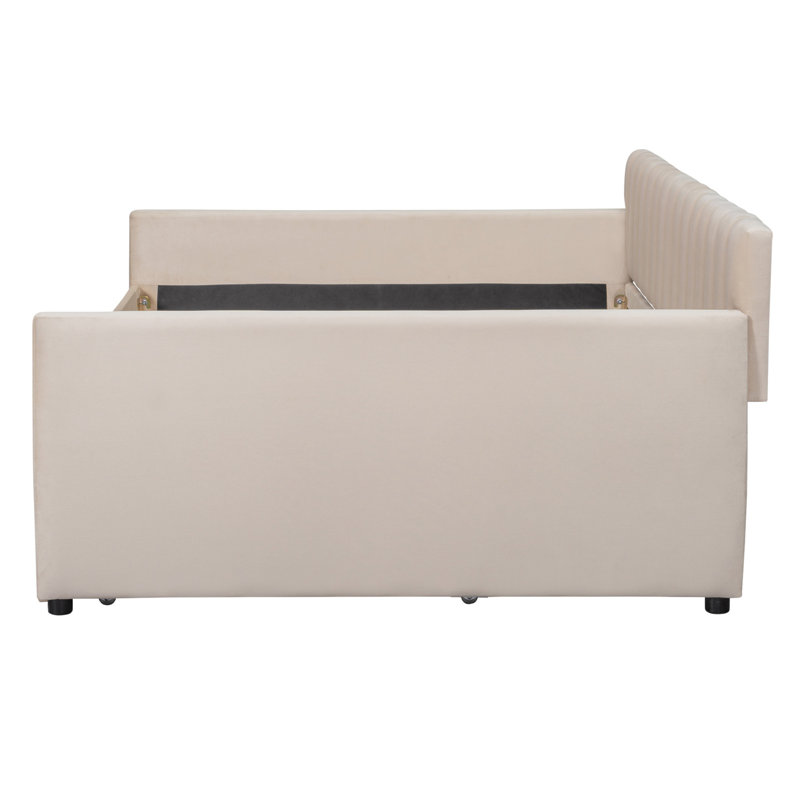 Full Size Upholstered Daybed With Trundle And Wood Slat Support, Perfect For Comfort And Guest Accommodation, Beige