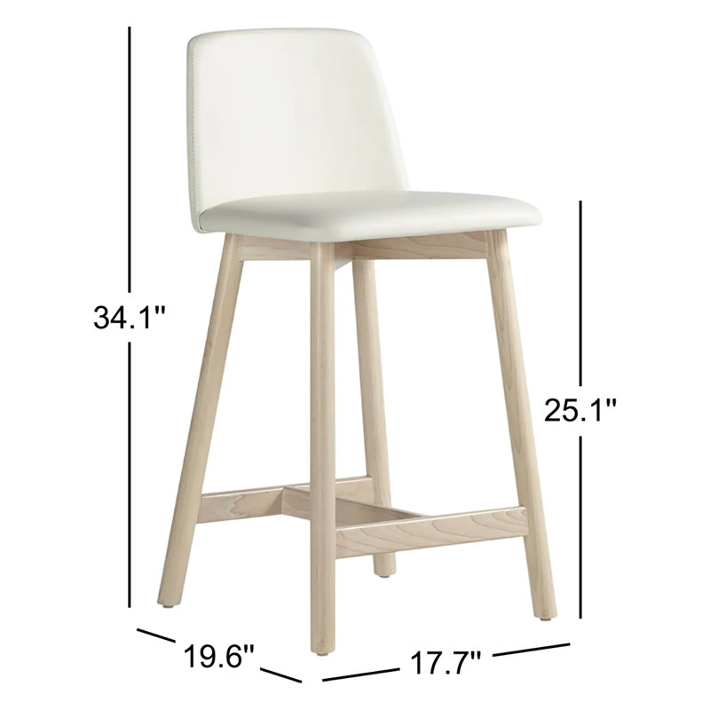 Tabouret Chip, Tabouret de comptoir (siège d'une hauteur de 25,1, Cuir véritable blanc, Frêne blanc délavé
