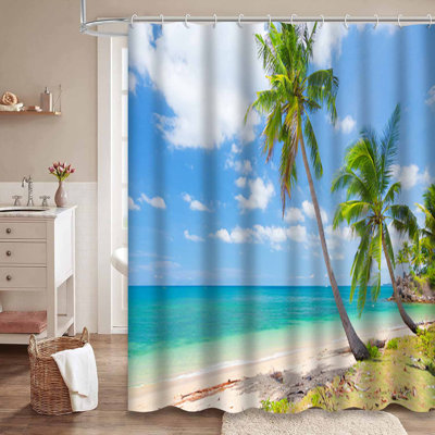 Tropical Beach Coconut Palm Paradise Beauty Blue Building Shower Curtain with 12 Hooks