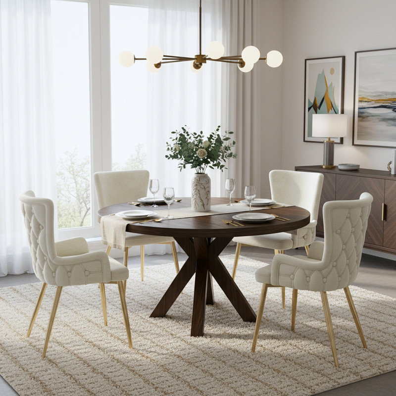 Velvet Upholstered Dining Chair, Gold, Beige, 4