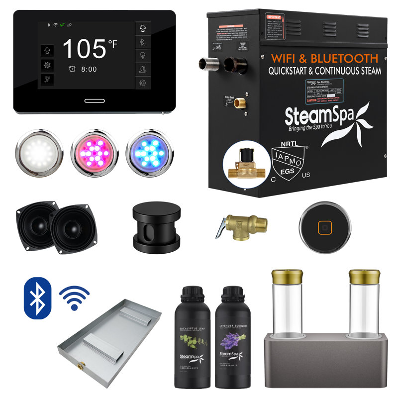 Ensemble de générateur de bain de vapeur à accès rapide Bluetooth et Bluetooth 4,5 kW à démarrage rapide avec pompe à arôme double en nickel brossé Black Series