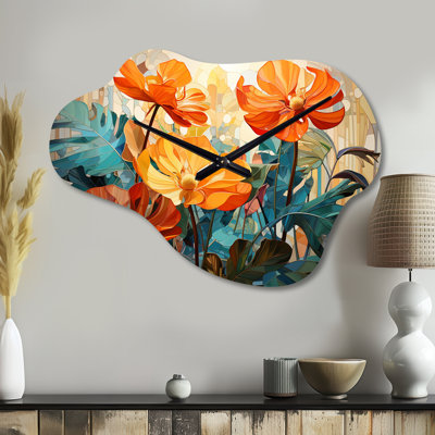 Horloge murale tropicale orange et vert feuillage II - Green Cloud