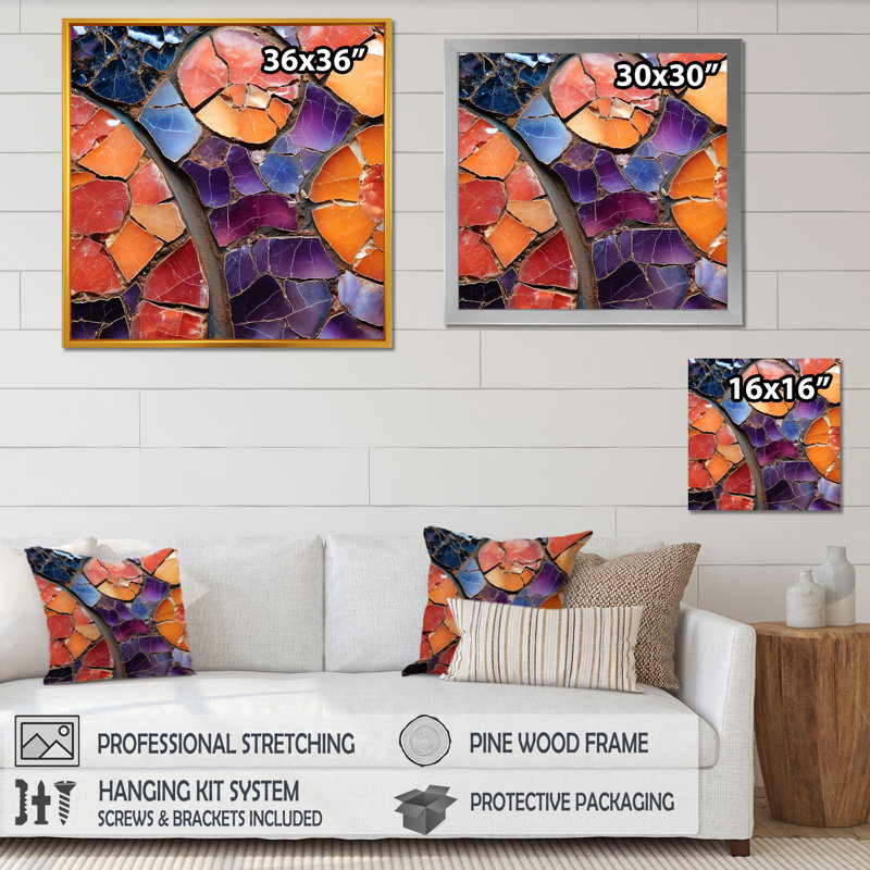 Orange et cristal mauve guérissant II - pierre géode, art mural, Or, H 16 po x l 16 po
