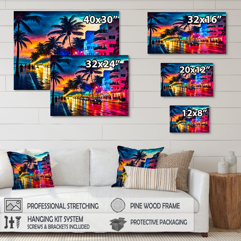 «Miami Beach Holidays 3 Architecture», impressions sur toile Miami, Cadre simple noir, H 30 po x l 40 po x P 1,5 po