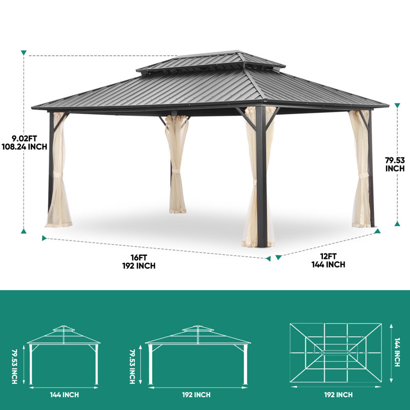 12 pi. L 16 pi. D Pavillon de jardin en aluminium