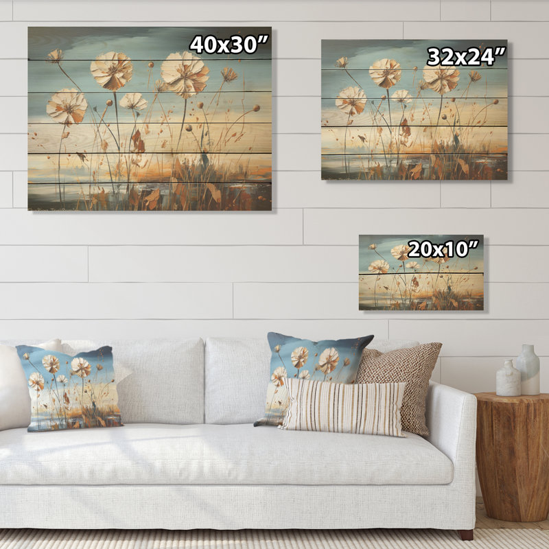 Minimaliste breloque pissenlit I - fleurs, art mural sur bois de pin naturel, H 30 po x l 40 po