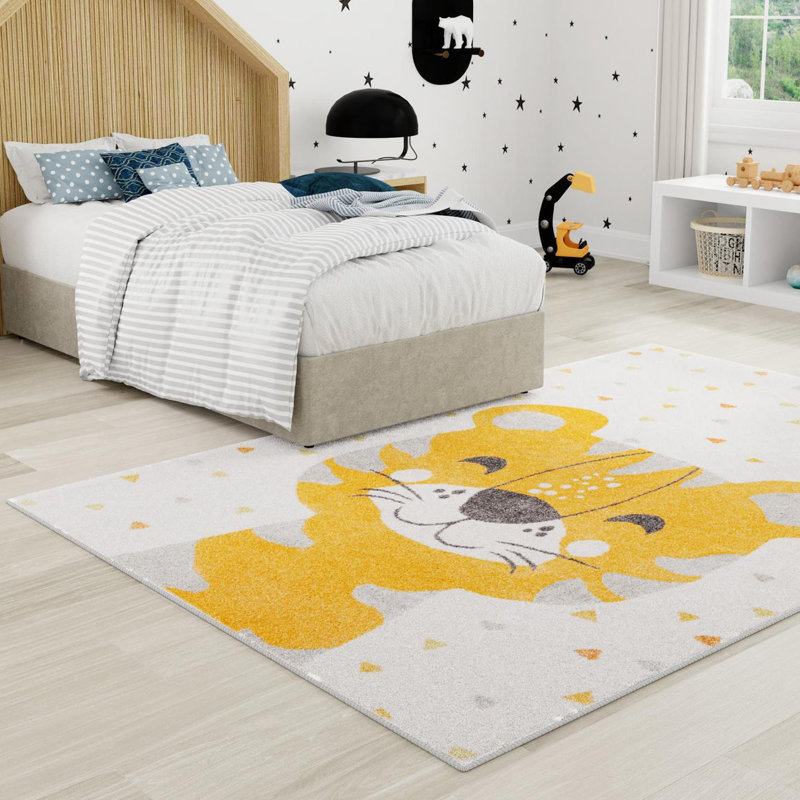 Tapis pour enfant jaune / gris / ivoire Whimsy Tommy, Rectangle 7 pi 10 po x 10 pi
