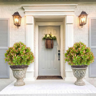 23.6" Artificial Topiary Tree Set of 2 with Ground Spike, Faux Greenery for Indoor Outdoor Decor