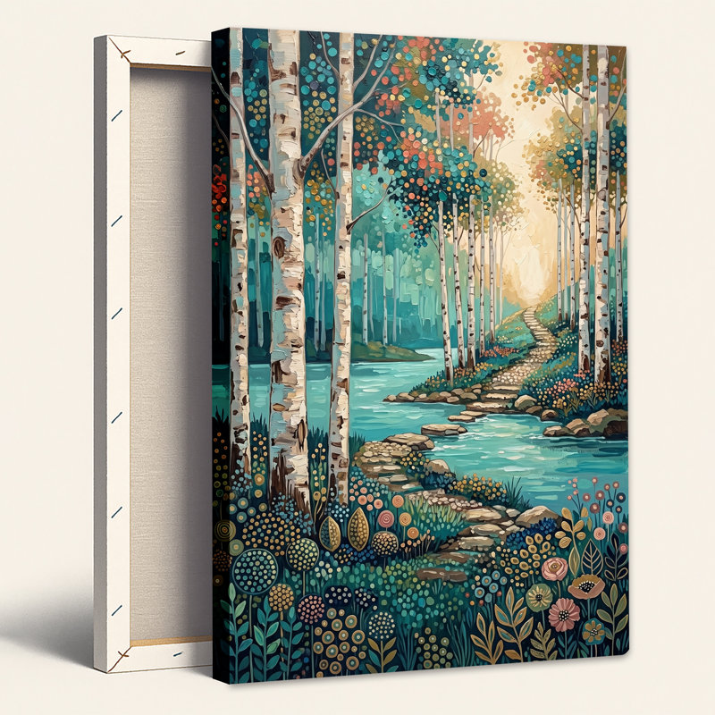 Tableau sur toile représentant un chemin forestier de bouleaux turquoise avec un feuillage coloré à pois, H 30 po x l 20 po