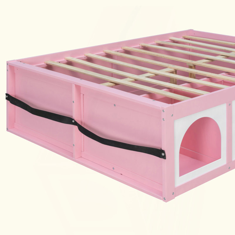 Lit plateforme en bois avec bibliothèque, vitrine, lumière DEL et tiroir, Lit double, Rose/Blanc