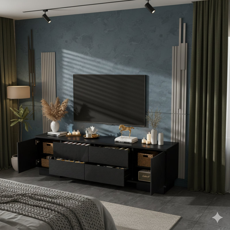 Console multimédia moderne de 70,8 pouces pour le salon, compatible avec les téléviseurs jusqu'à 75 pouces. Comprend des armoires de rangement, quatre tiroirs et un pied central en métal.