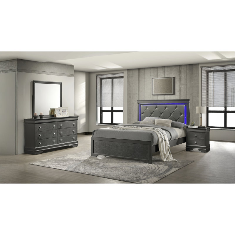 Ensemble de chambre avec grand lit tapissier de style moderne pour grand lit 4 pièces avec tête de lit à DEL en bois gris métallique