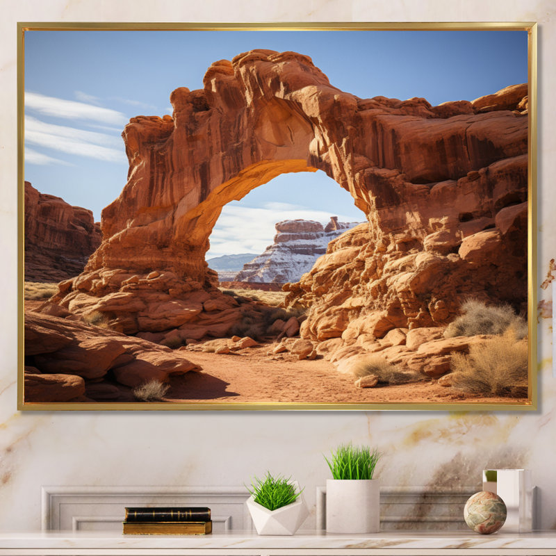 Désert arches I - art mural désert, Cadre flottant doré, H 24 po x l 32 po x P 1 po