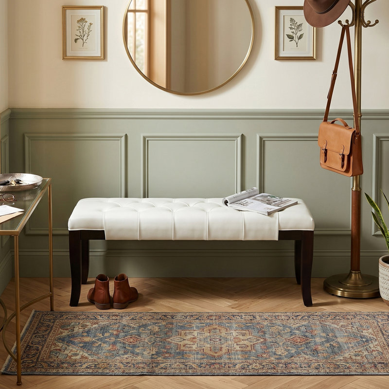 Banc rembourré en bois massif, Cuir blanc
