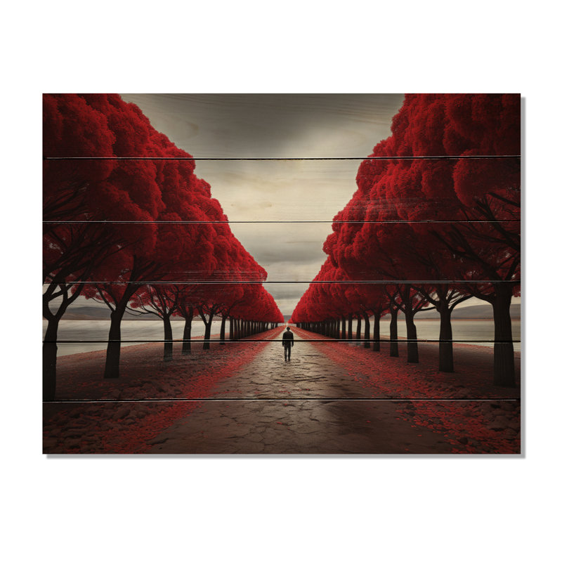 Arbre rouge et gris solitude II sur bois, H 10 po x l 20 po x P 0,78 po