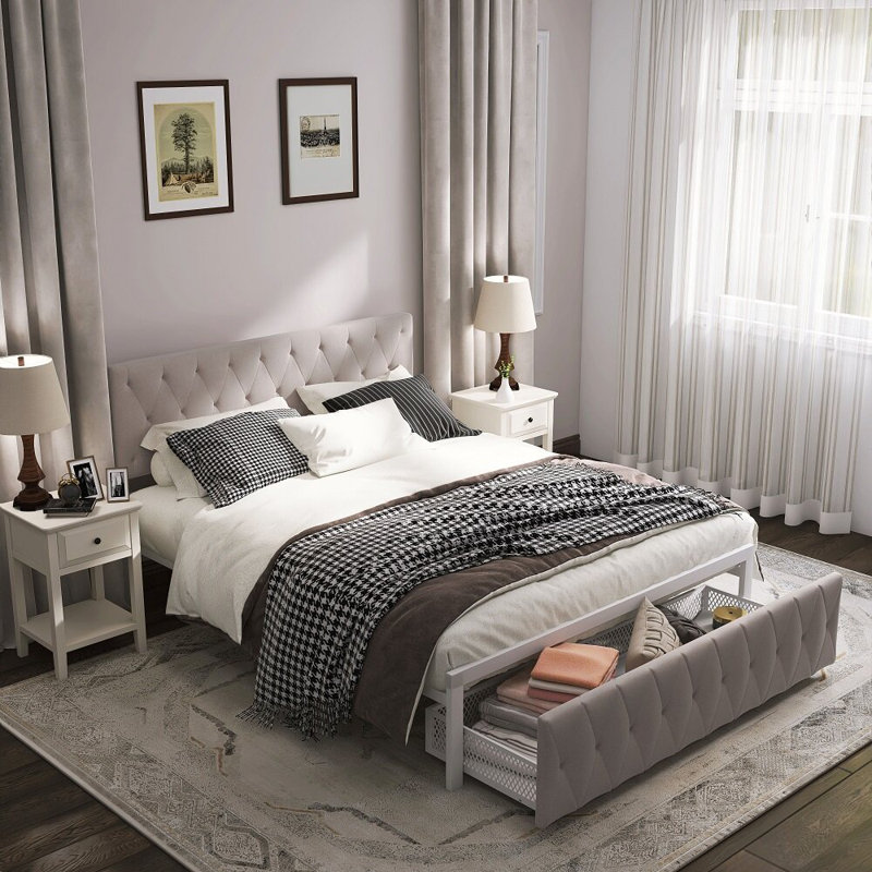 Yaresli Upholstered Metal Platform Storage Bed, Beige, Queen