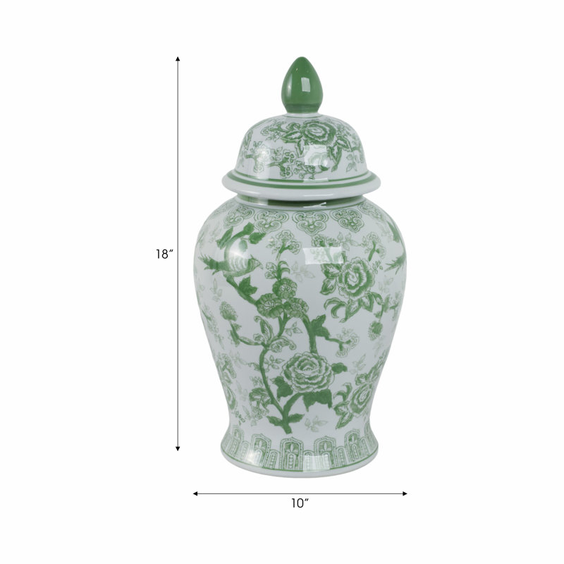 Ceramic Chinoiserie Ginger Jar Decorative Lidded Vessel in Classic Oriental Style, 18" H x 10" W x 10" D