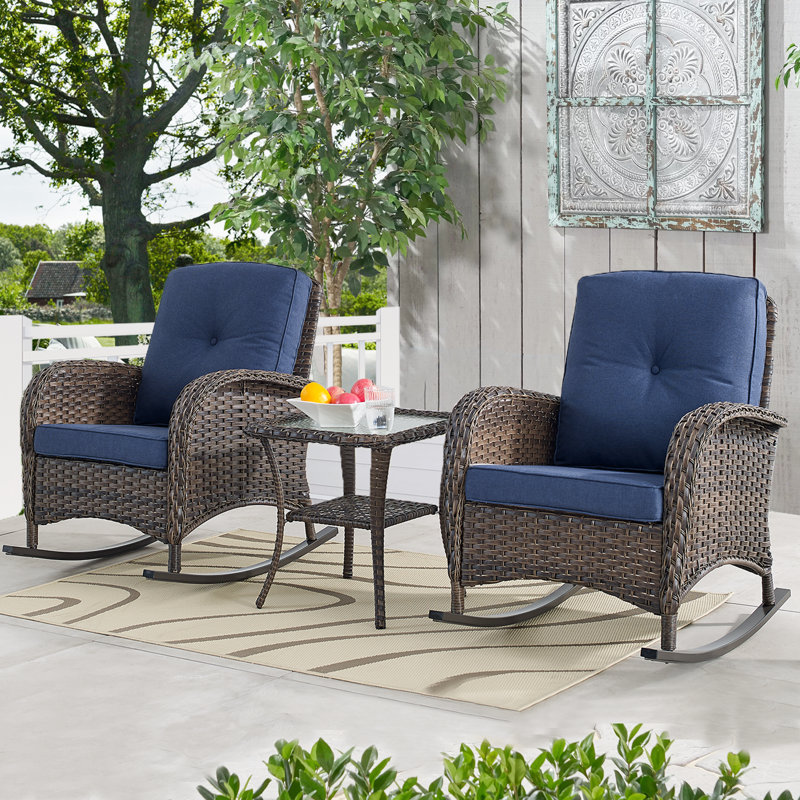 Aluel Outdoor Brown Wicker Patio Furniture Rattan Rocking Chairs with Cushions and Side Table, Blue