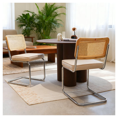 Ensemble de 2 chaises de salle à manger de style Mid-Century moderne avec dossier en rotin et siège en velours, chaises d'appoint en porte-à-faux champagne pour la cuisine