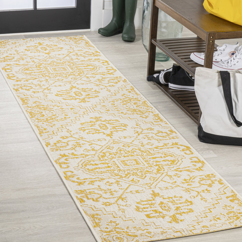 Truman Bohemian Medallion Textured Weave Cream/Yellow Indoor/Outdoor Rug, Runner 2'2" x 8'