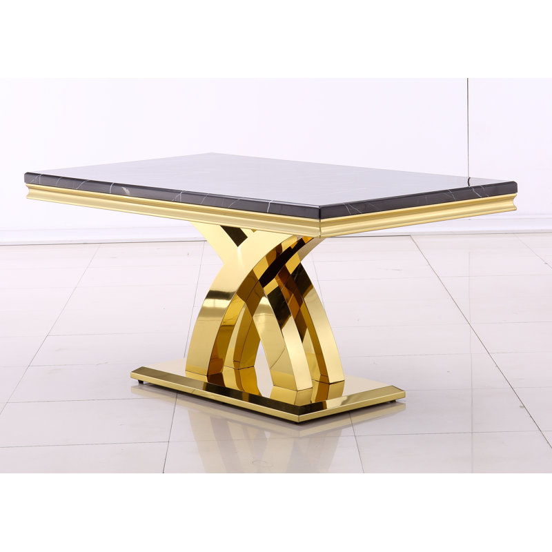 Lizhet Black Dining Table With 65" High Gloss Top and Double X Polished Metal Legs