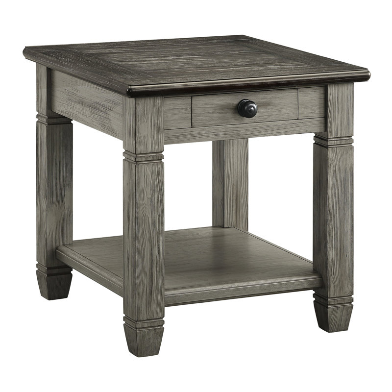 Antique Gray Finish Side Table With Coffee Detailing, Drawer & Shelf And Living Room End Practical Design, Antique Gray