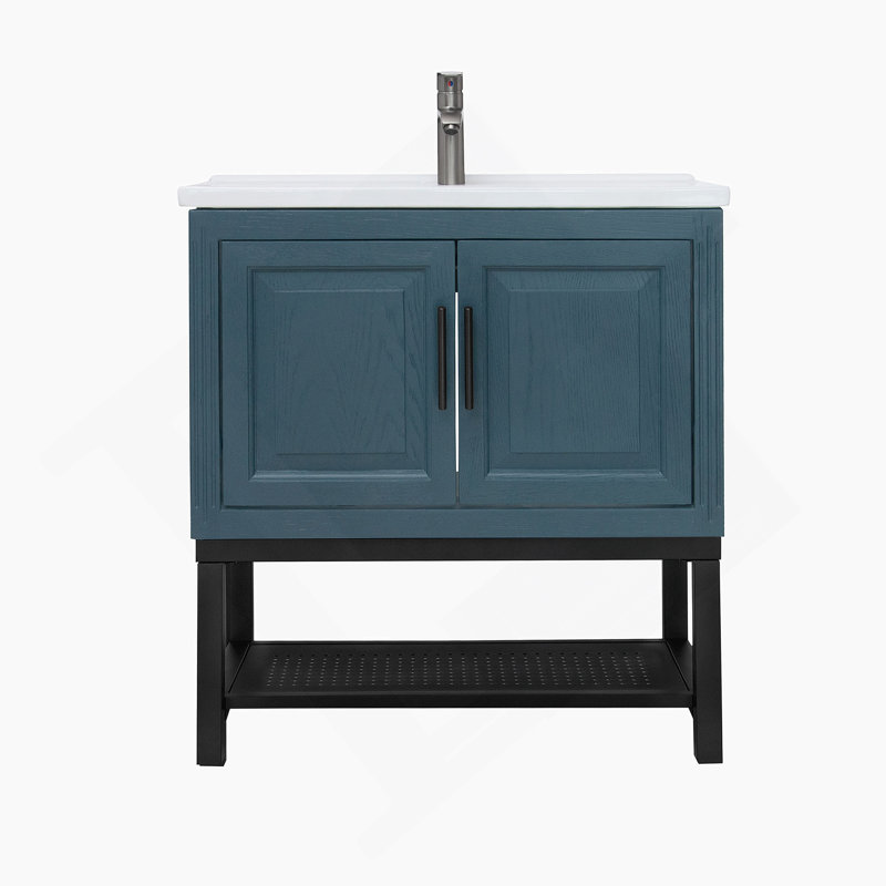 32" Bathroom Vanity with Ceramic Sink & Hot and Cold Faucet , Freestanding Bathroom Cabinet with 2 Storage Doors and Open iron Shelf for Bathroom