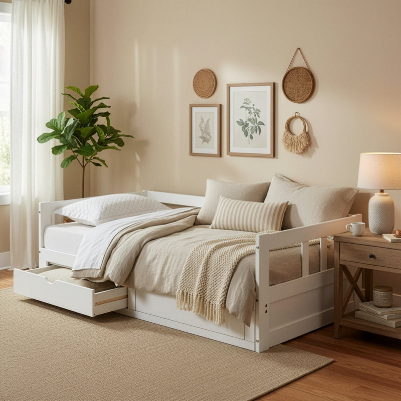 Solid Wood Twin Day Bed with Storage, White, White